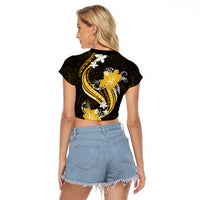 Gold Polynesian Pattern With Tropical Flowers Raglan Cropped T Shirt LT05 - Polynesian Pride