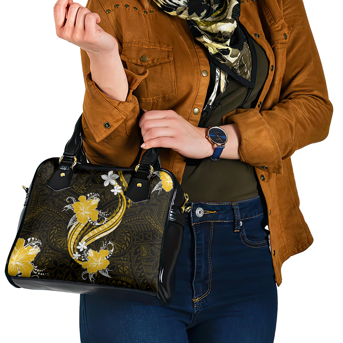 Gold Polynesian Pattern With Tropical Flowers Shoulder Handbag LT05 - Polynesian Pride