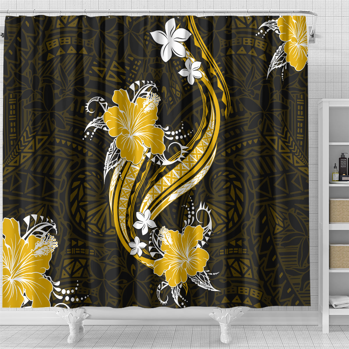 Gold Polynesian Pattern With Tropical Flowers Shower Curtain LT05 - Polynesian Pride