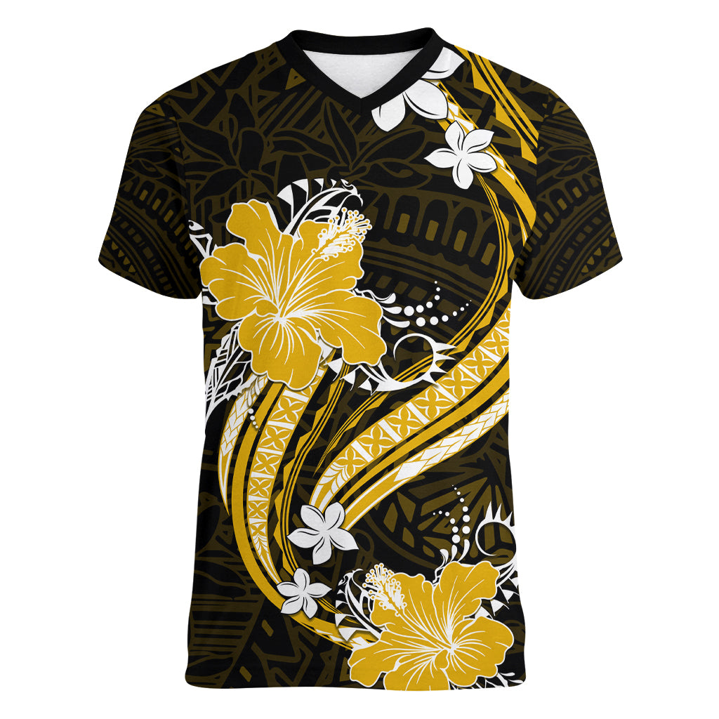 Gold Polynesian Pattern With Tropical Flowers Women V Neck T Shirt LT05 Female Gold - Polynesian Pride
