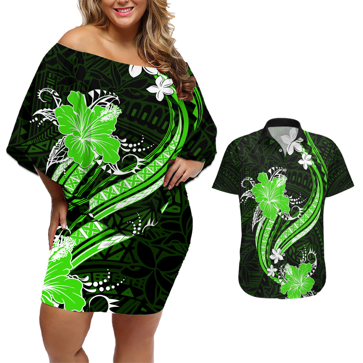 Green Polynesian Pattern With Tropical Flowers Couples Matching Off Shoulder Short Dress and Hawaiian Shirt LT05 Green - Polynesian Pride