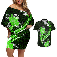 Green Polynesian Pattern With Tropical Flowers Couples Matching Off Shoulder Short Dress and Hawaiian Shirt LT05 Green - Polynesian Pride