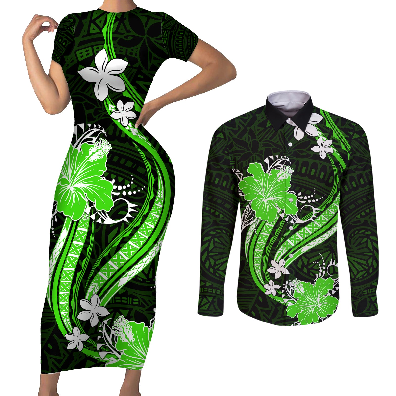 Green Polynesian Pattern With Tropical Flowers Couples Matching Short Sleeve Bodycon Dress and Long Sleeve Button Shirt LT05 Green - Polynesian Pride