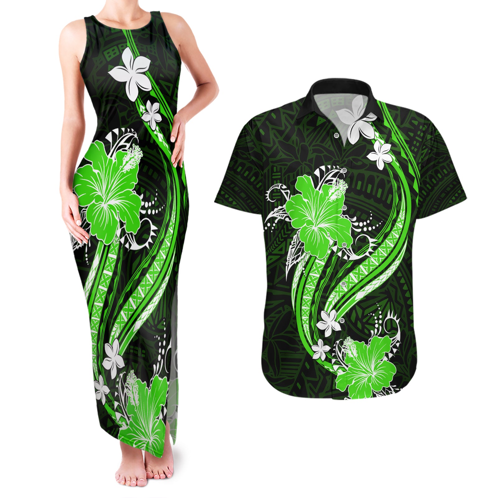 Green Polynesian Pattern With Tropical Flowers Couples Matching Tank Maxi Dress and Hawaiian Shirt LT05 Green - Polynesian Pride