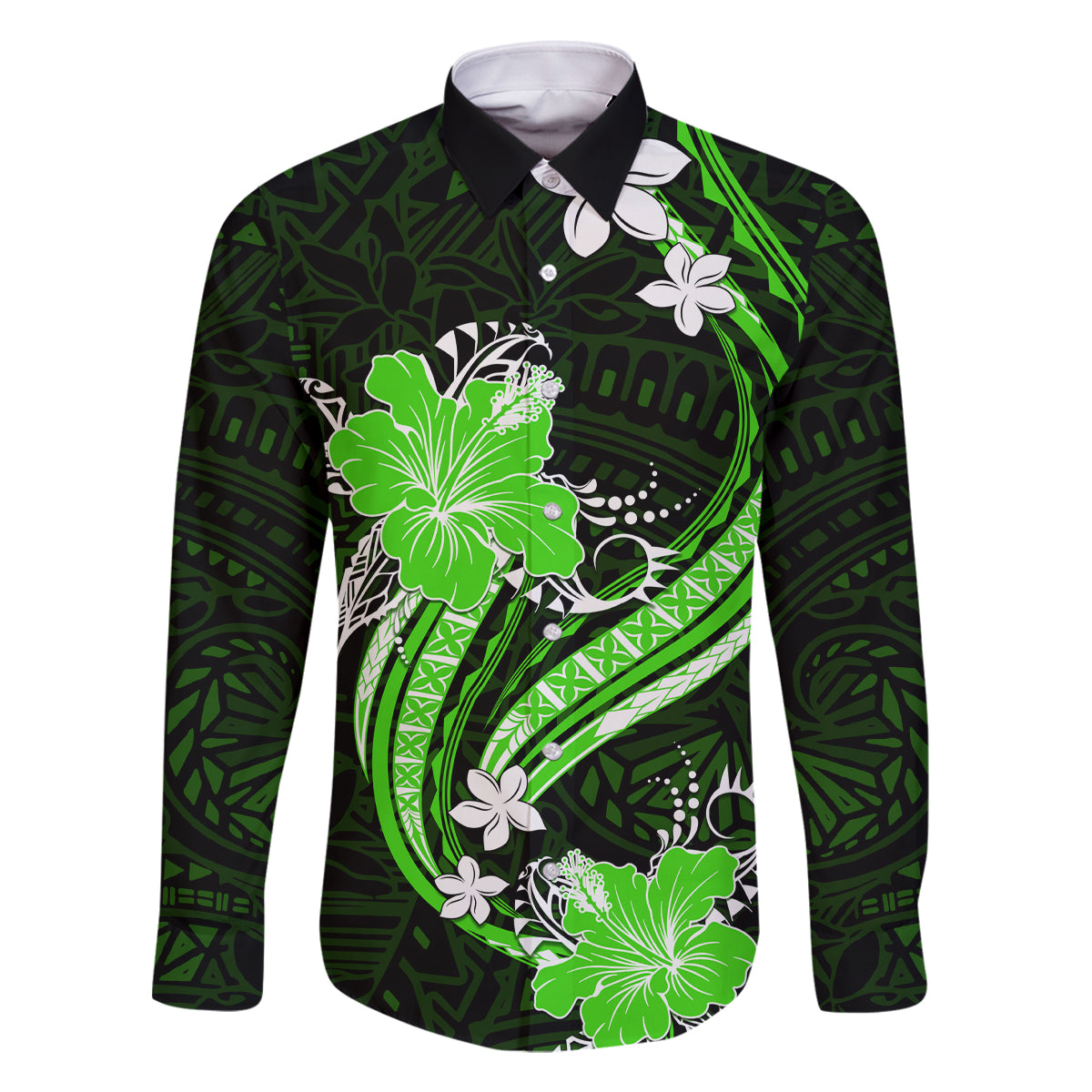 Green Polynesian Pattern With Tropical Flowers Family Matching Long Sleeve Bodycon Dress and Hawaiian Shirt LT05 Dad's Shirt - Long Sleeve Green - Polynesian Pride