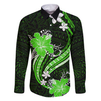 Green Polynesian Pattern With Tropical Flowers Family Matching Long Sleeve Bodycon Dress and Hawaiian Shirt LT05 Dad's Shirt - Long Sleeve Green - Polynesian Pride