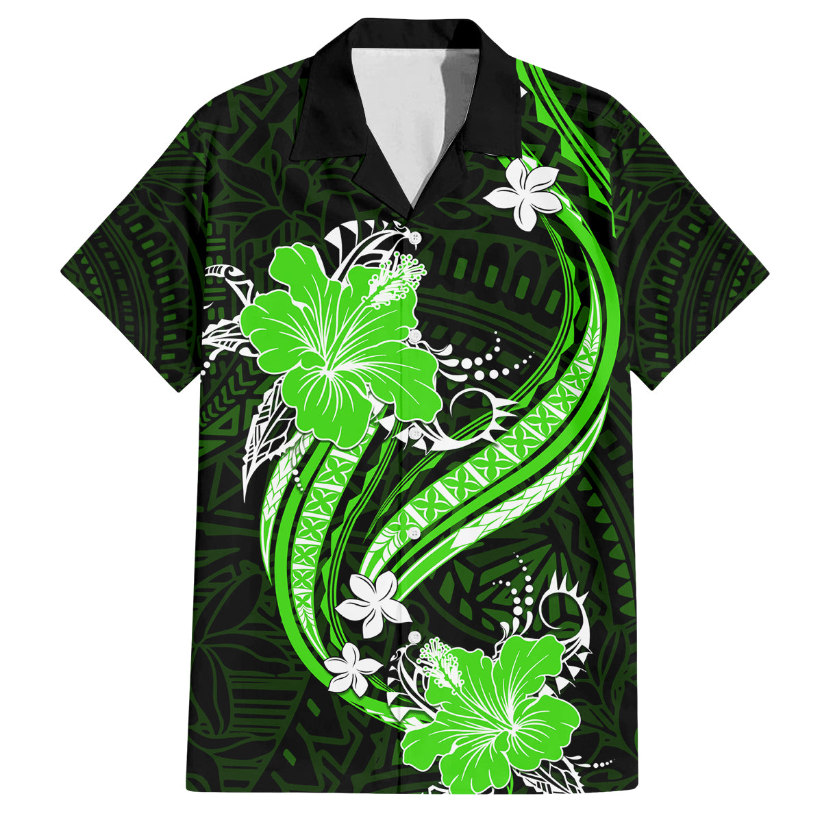 Green Polynesian Pattern With Tropical Flowers Family Matching Off Shoulder Long Sleeve Dress and Hawaiian Shirt LT05 Dad's Shirt - Short Sleeve Green - Polynesian Pride