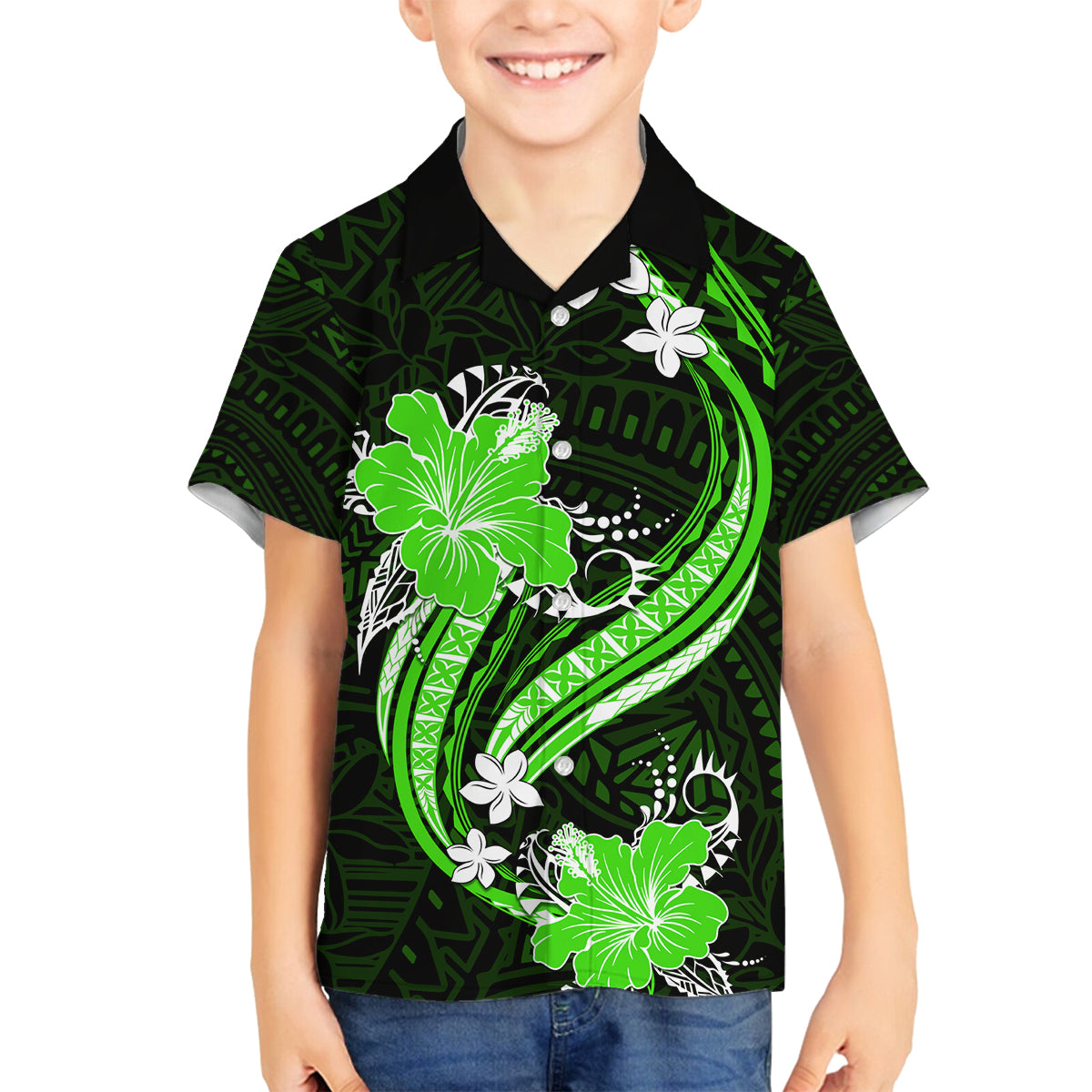 Green Polynesian Pattern With Tropical Flowers Family Matching Off Shoulder Long Sleeve Dress and Hawaiian Shirt LT05 Son's Shirt Green - Polynesian Pride