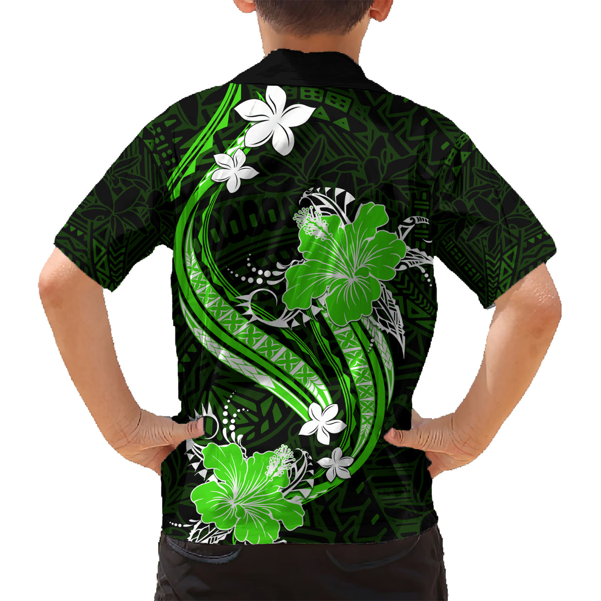 Green Polynesian Pattern With Tropical Flowers Family Matching Short Sleeve Bodycon Dress and Hawaiian Shirt LT05 - Polynesian Pride