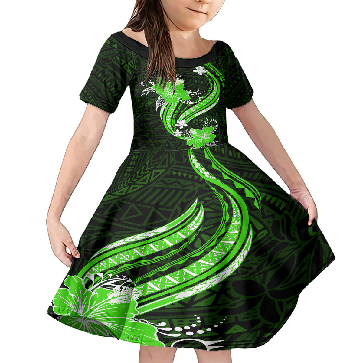 Green Polynesian Pattern With Tropical Flowers Family Matching Short Sleeve Bodycon Dress and Hawaiian Shirt LT05 Daughter's Dress Green - Polynesian Pride