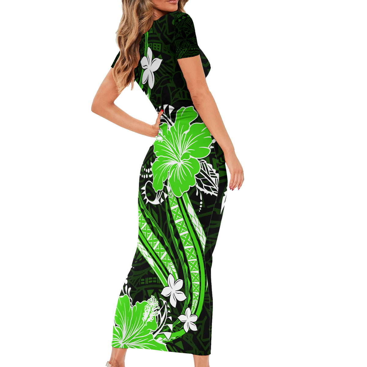 Green Polynesian Pattern With Tropical Flowers Family Matching Short Sleeve Bodycon Dress and Hawaiian Shirt LT05 - Polynesian Pride