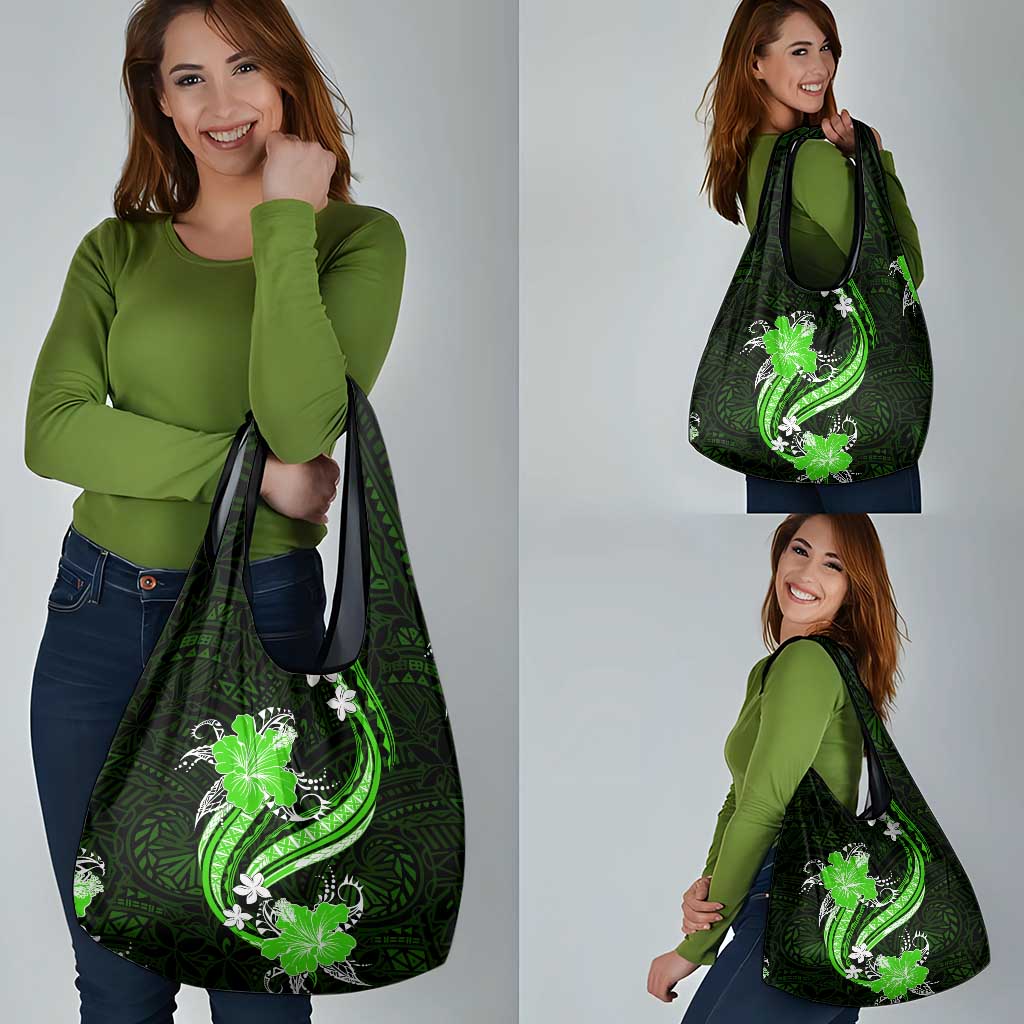 Green Polynesian Pattern With Tropical Flowers Grocery Bag