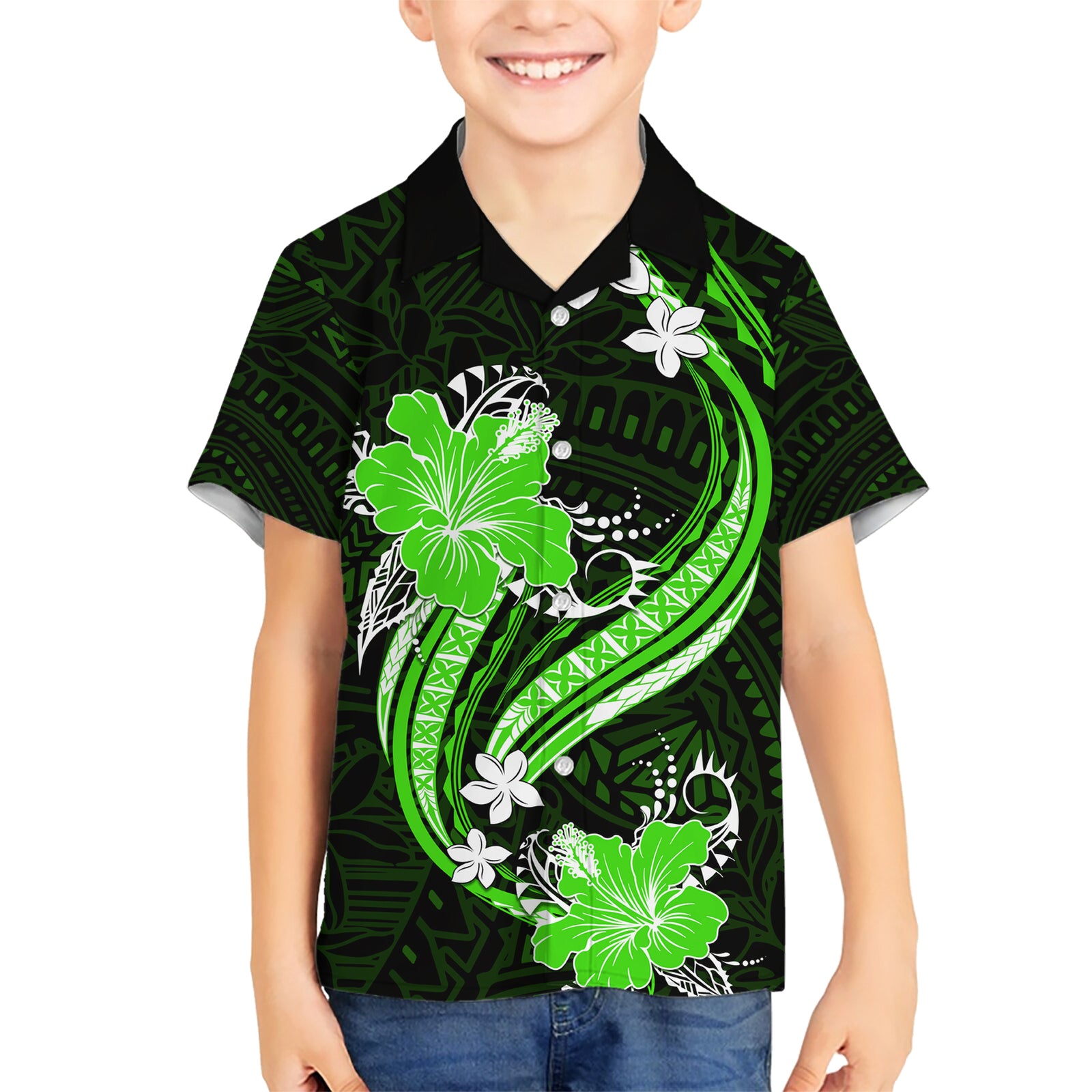 Green Polynesian Pattern With Tropical Flowers Kid Hawaiian Shirt LT05 Kid Green - Polynesian Pride