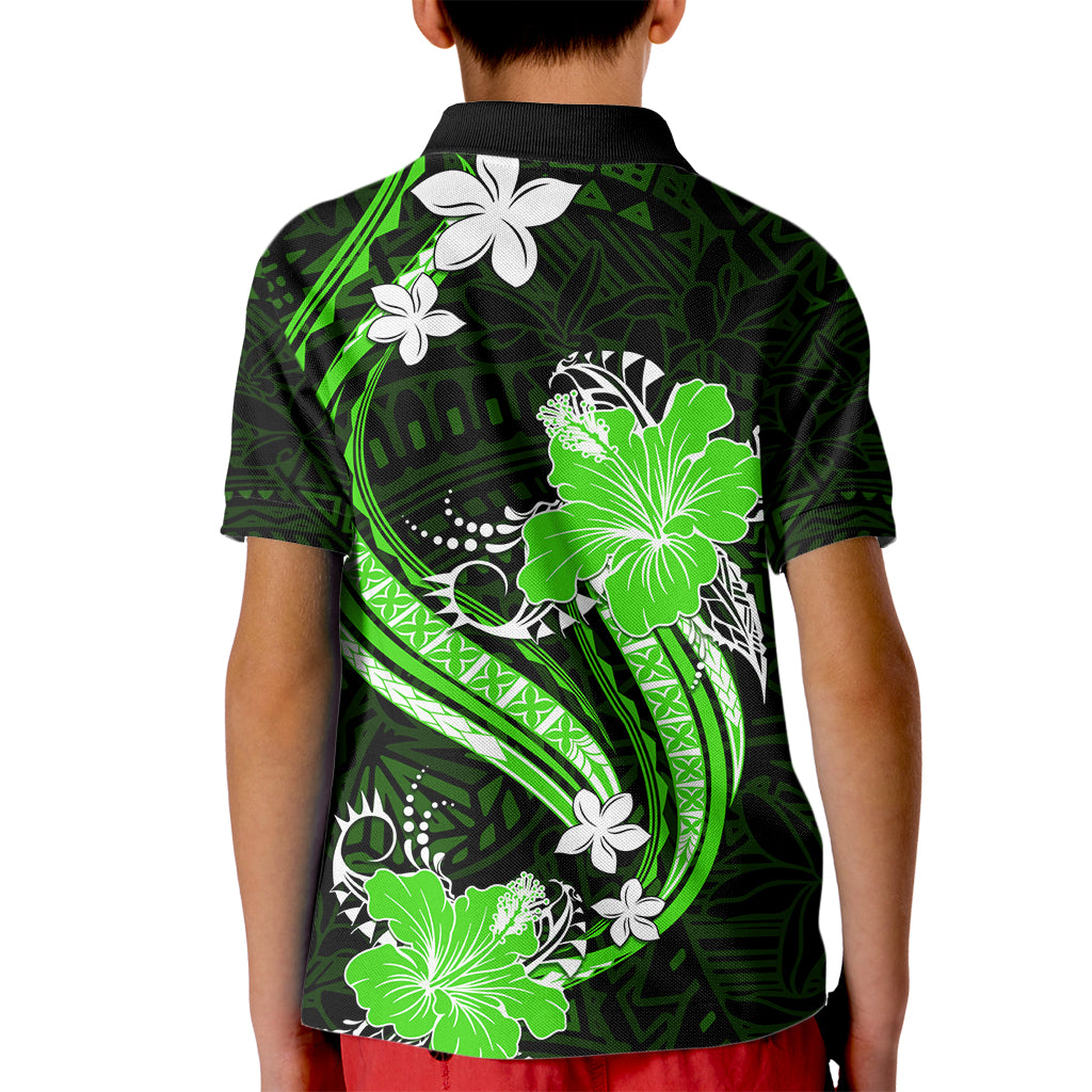 Green Polynesian Pattern With Tropical Flowers Kid Polo Shirt LT05 - Polynesian Pride