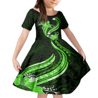 Green Polynesian Pattern With Tropical Flowers Kid Short Sleeve Dress LT05 KID Green - Polynesian Pride