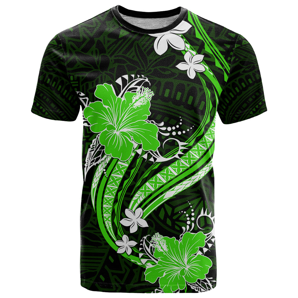 Green Polynesian Pattern With Tropical Flowers T Shirt LT05 Green - Polynesian Pride