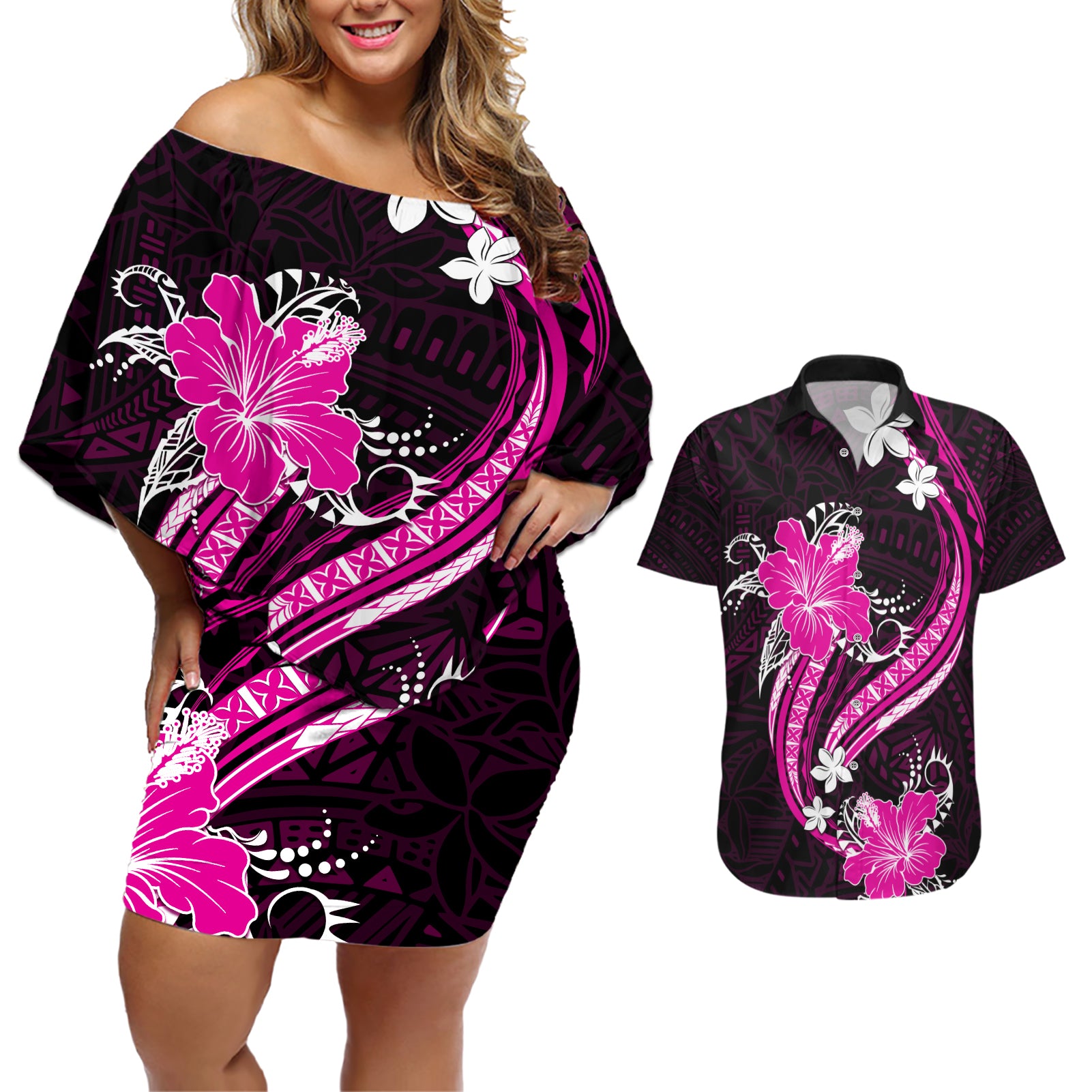 Pink Polynesian Pattern With Tropical Flowers Couples Matching Off Shoulder Short Dress and Hawaiian Shirt LT05 Pink - Polynesian Pride