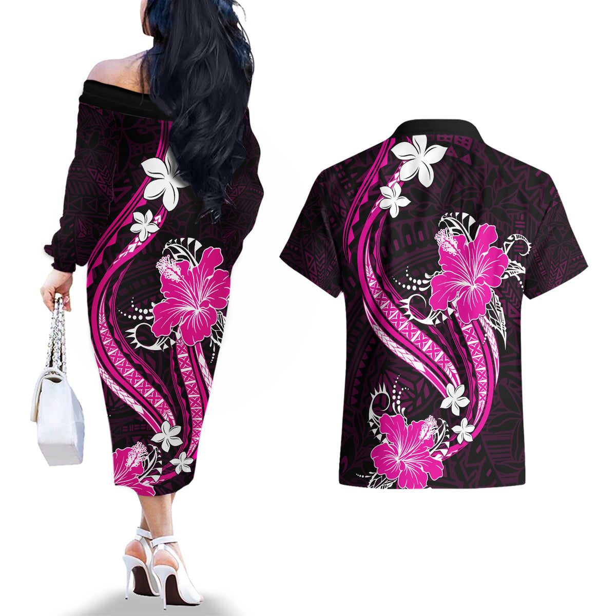 Pink Polynesian Pattern With Tropical Flowers Couples Matching Off The Shoulder Long Sleeve Dress and Hawaiian Shirt LT05 - Polynesian Pride
