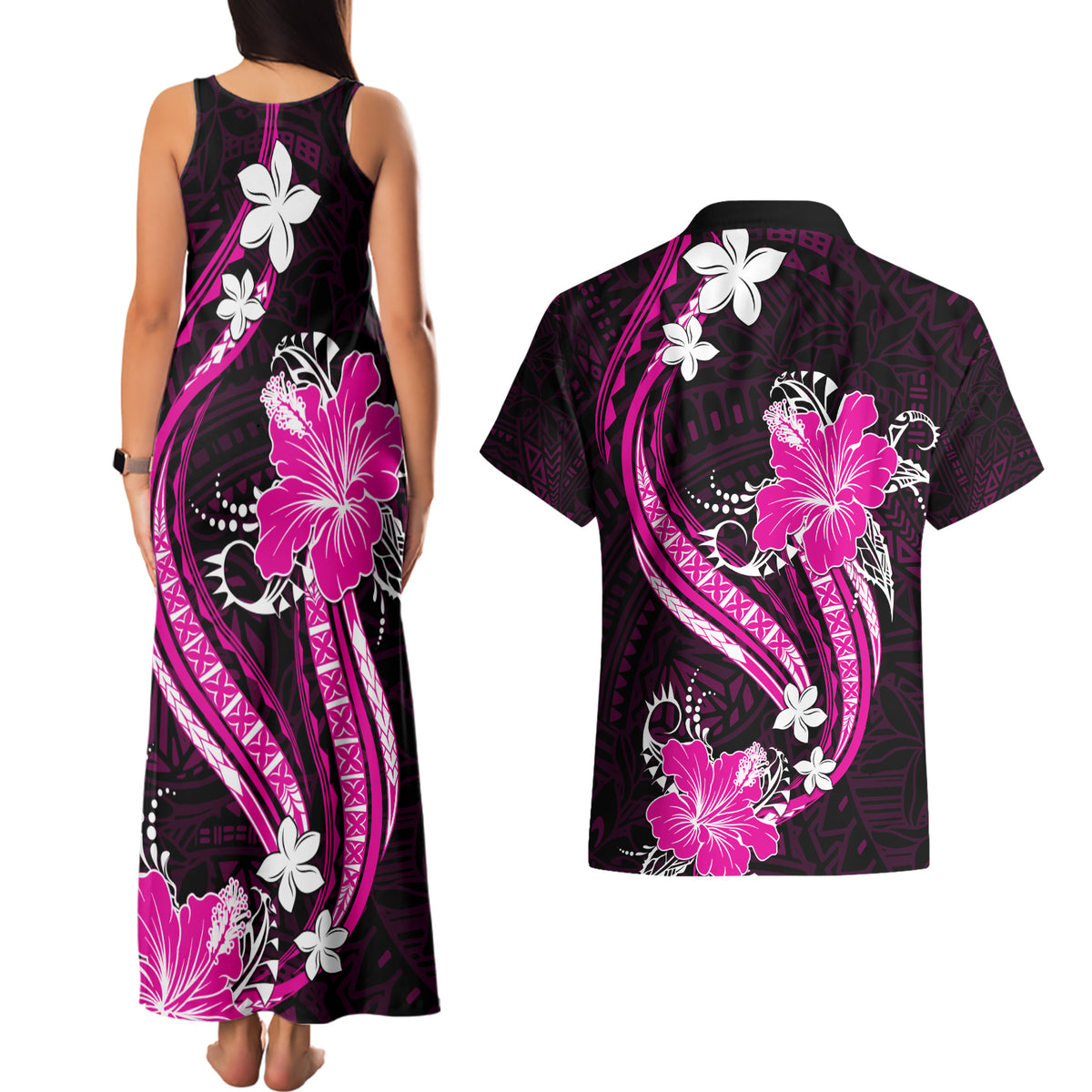 Pink Polynesian Pattern With Tropical Flowers Couples Matching Tank Maxi Dress and Hawaiian Shirt LT05 - Polynesian Pride
