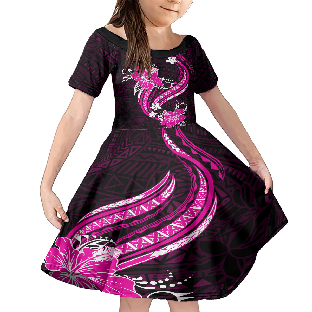 Pink Polynesian Pattern With Tropical Flowers Family Matching Off Shoulder Long Sleeve Dress and Hawaiian Shirt LT05 Daughter's Dress Pink - Polynesian Pride