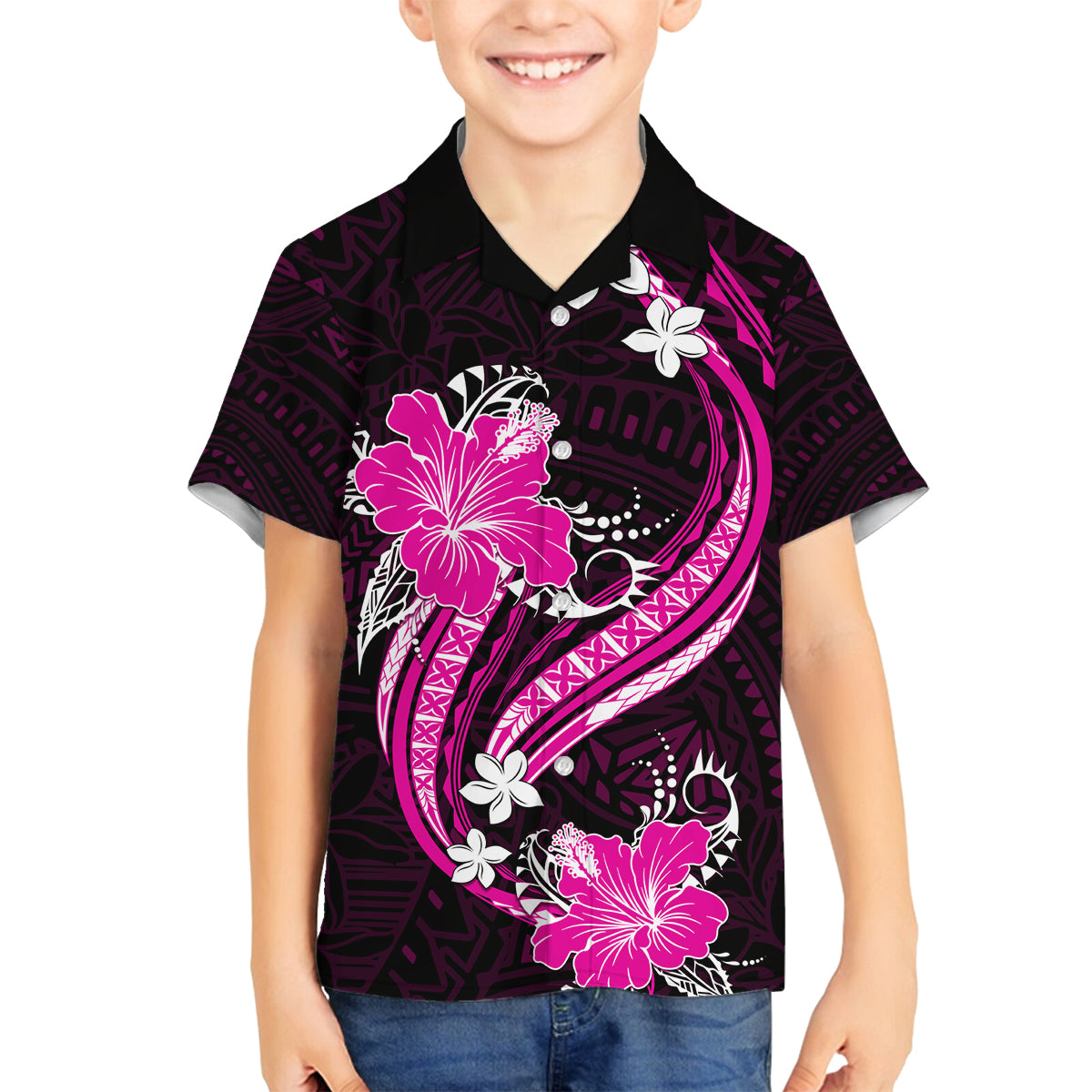 Pink Polynesian Pattern With Tropical Flowers Family Matching Off Shoulder Long Sleeve Dress and Hawaiian Shirt LT05 Son's Shirt Pink - Polynesian Pride