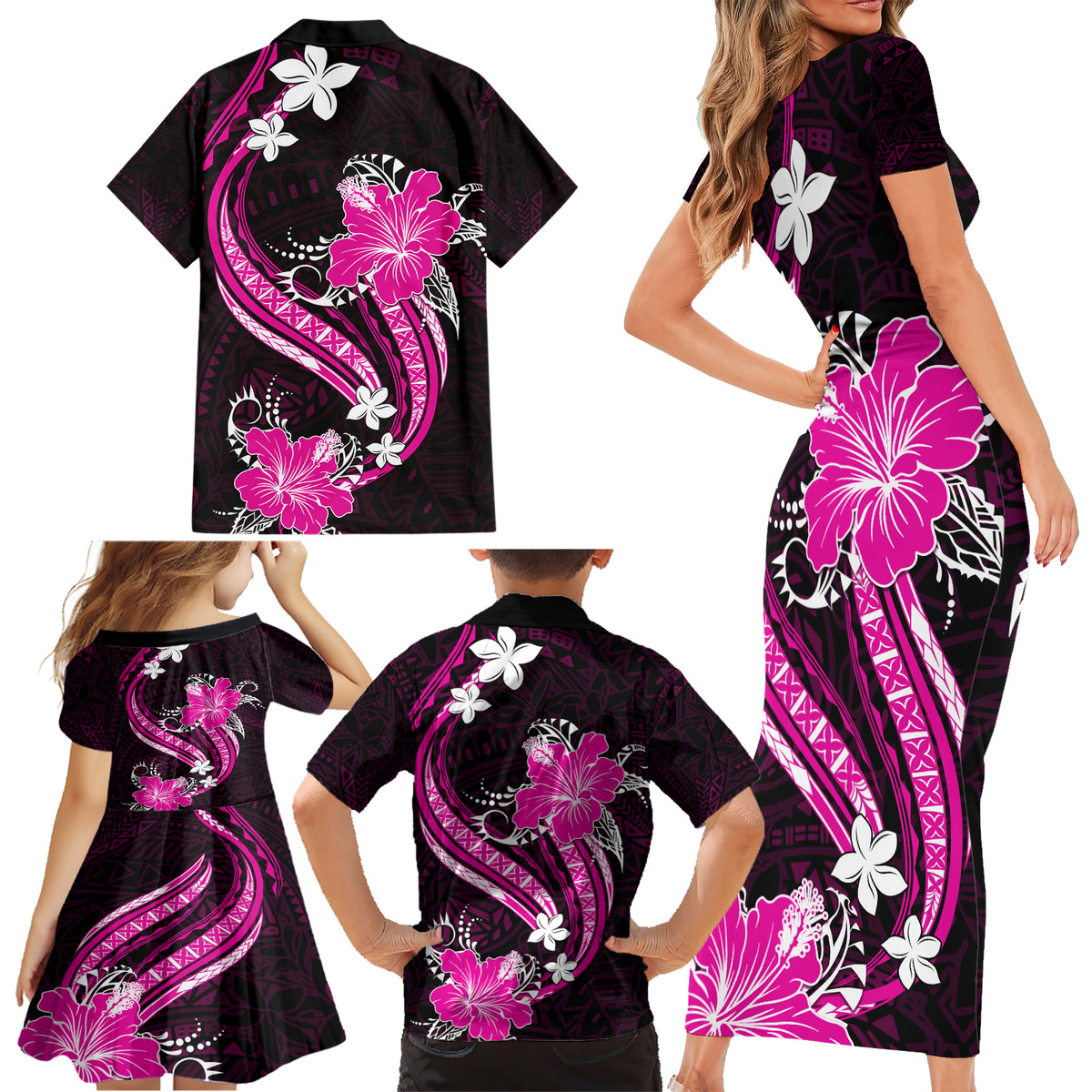 Pink Polynesian Pattern With Tropical Flowers Family Matching Short Sleeve Bodycon Dress and Hawaiian Shirt LT05 - Polynesian Pride