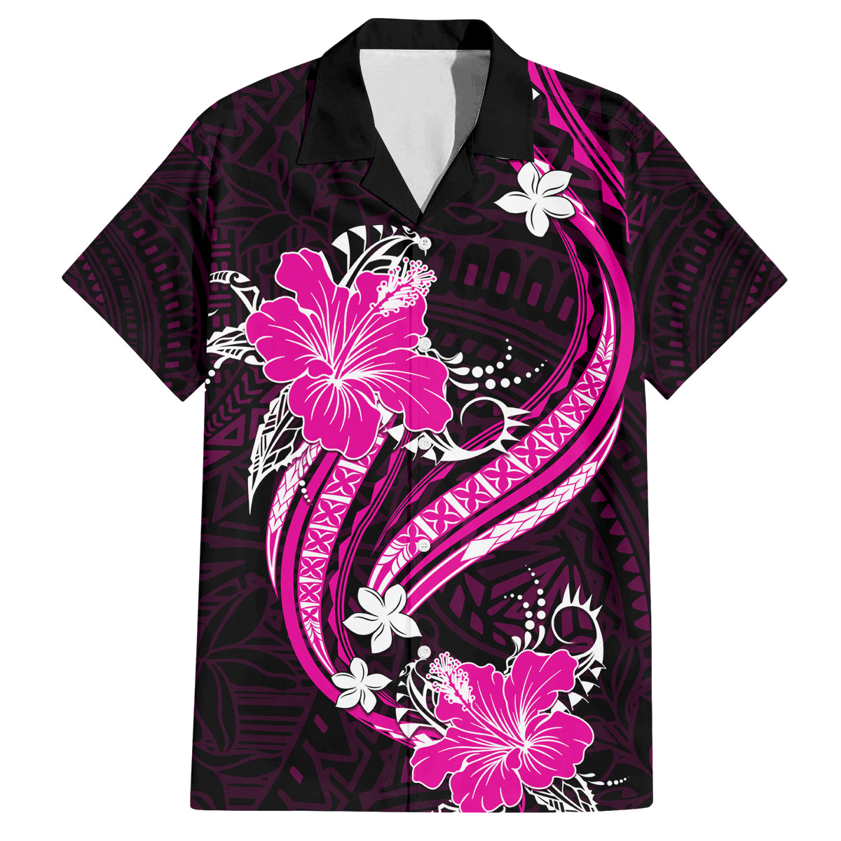 Pink Polynesian Pattern With Tropical Flowers Family Matching Tank Maxi Dress and Hawaiian Shirt LT05 Dad's Shirt - Short Sleeve Pink - Polynesian Pride