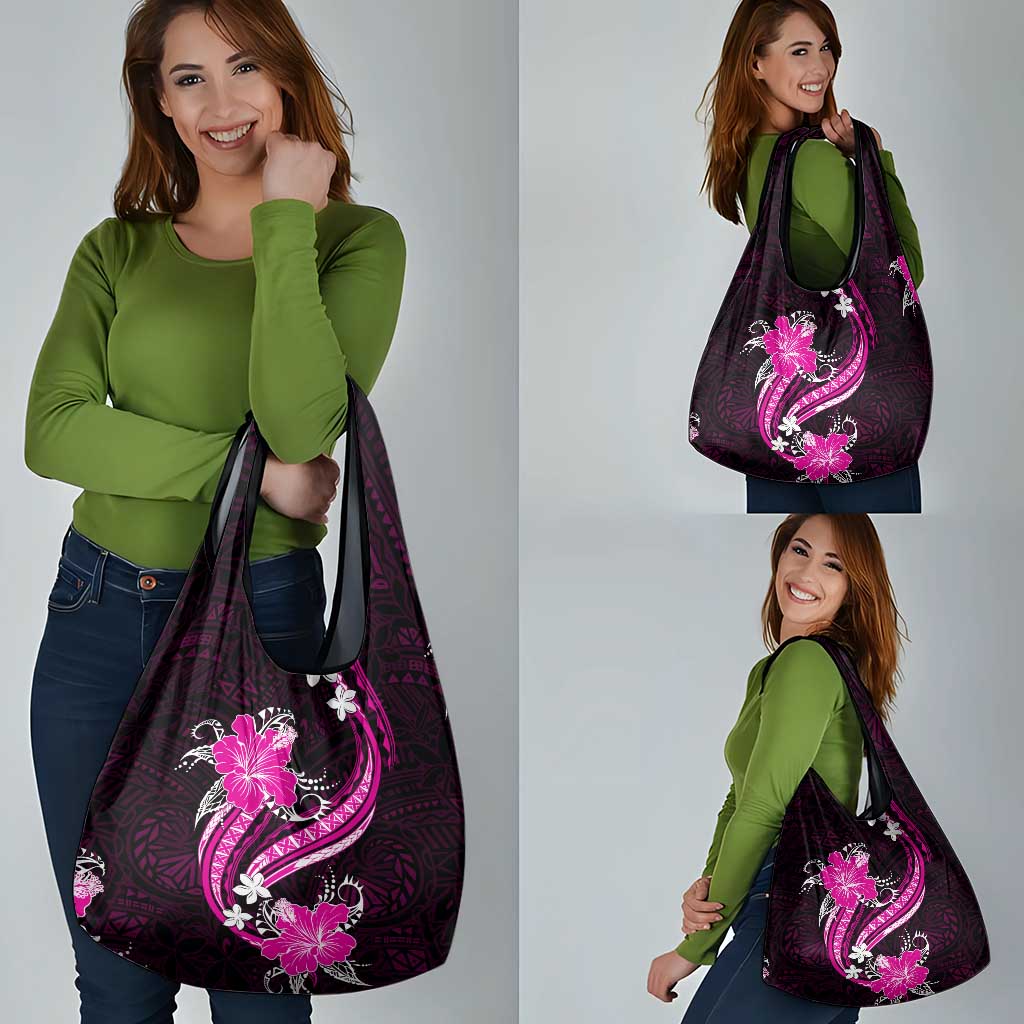 Pink Polynesian Pattern With Tropical Flowers Grocery Bag
