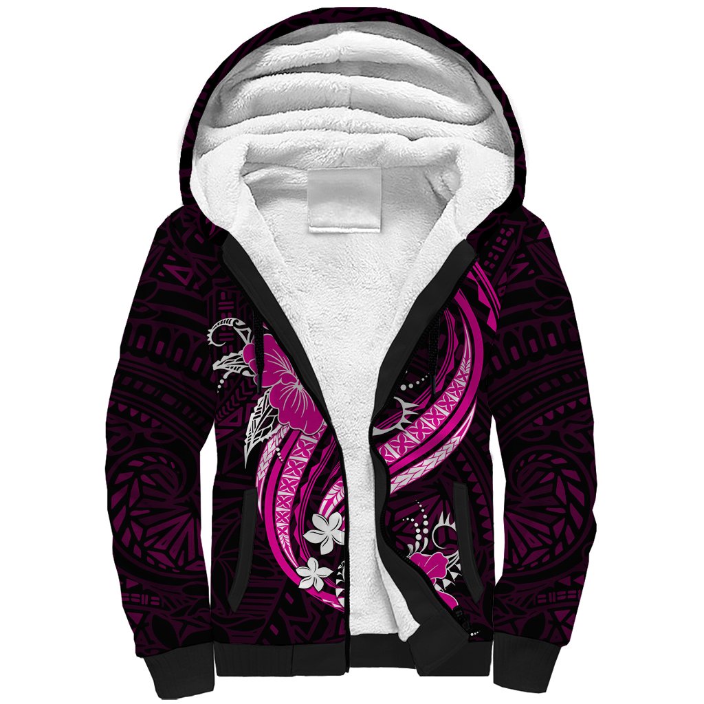 Pink Polynesian Pattern With Tropical Flowers Sherpa Hoodie LT05 Unisex Pink - Polynesian Pride