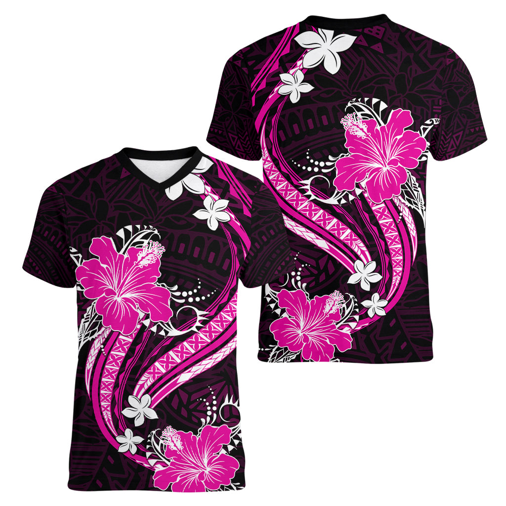 Pink Polynesian Pattern With Tropical Flowers Women V Neck T Shirt LT05 - Polynesian Pride