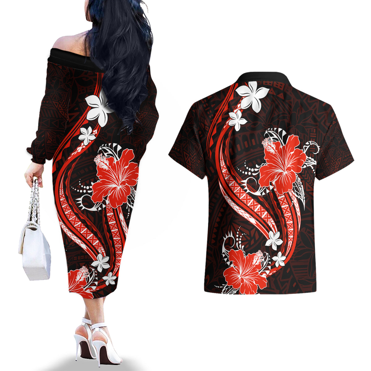 Red Polynesian Pattern With Tropical Flowers Couples Matching Off The Shoulder Long Sleeve Dress and Hawaiian Shirt LT05 - Polynesian Pride