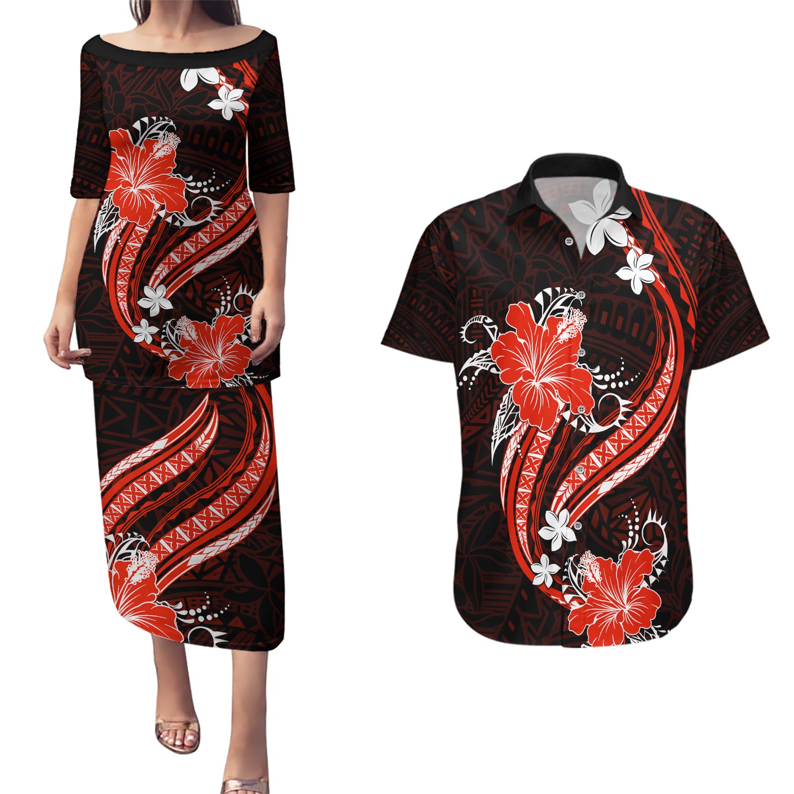 Red Polynesian Pattern With Tropical Flowers Couples Matching Puletasi Dress and Hawaiian Shirt LT05 Red - Polynesian Pride