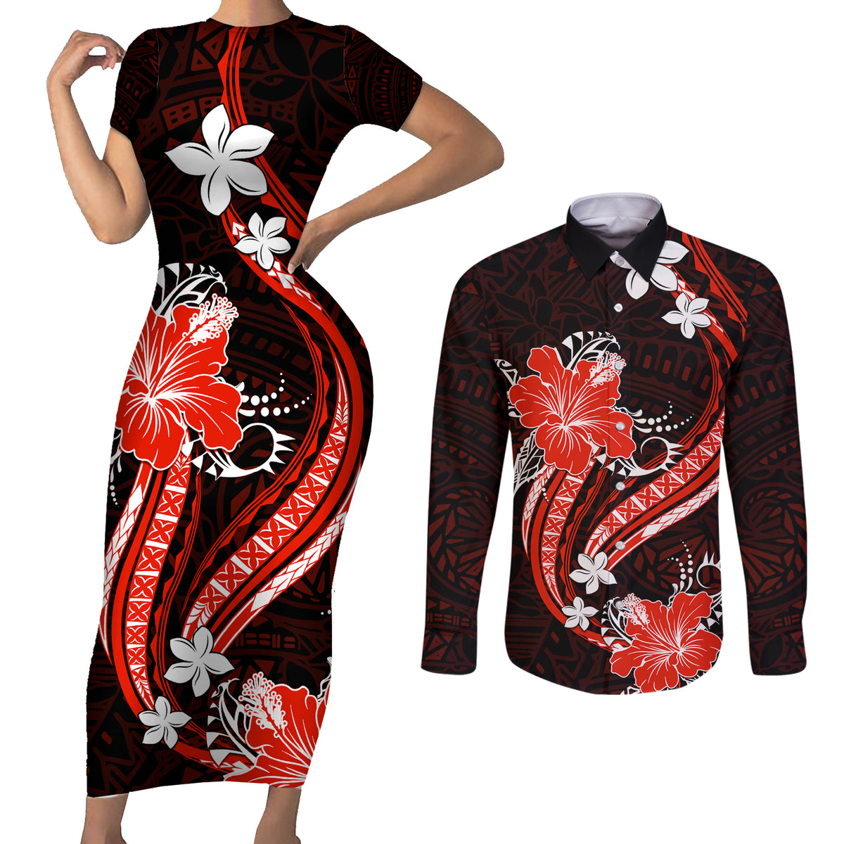 Red Polynesian Pattern With Tropical Flowers Couples Matching Short Sleeve Bodycon Dress and Long Sleeve Button Shirt LT05 Red - Polynesian Pride