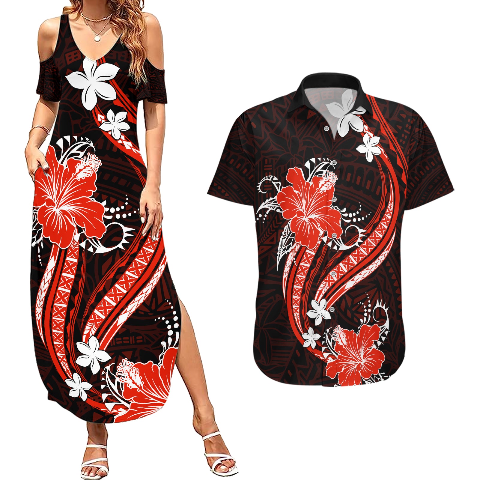 Red Polynesian Pattern With Tropical Flowers Couples Matching Summer Maxi Dress and Hawaiian Shirt LT05 Red - Polynesian Pride