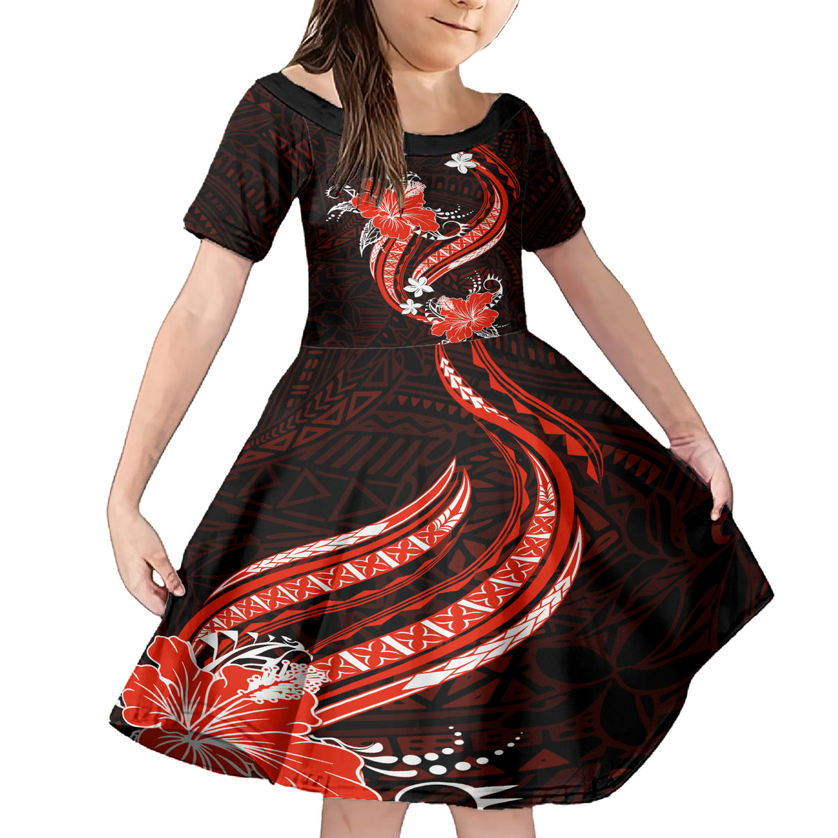 Red Polynesian Pattern With Tropical Flowers Family Matching Short Sleeve Bodycon Dress and Hawaiian Shirt LT05 Daughter's Dress Red - Polynesian Pride