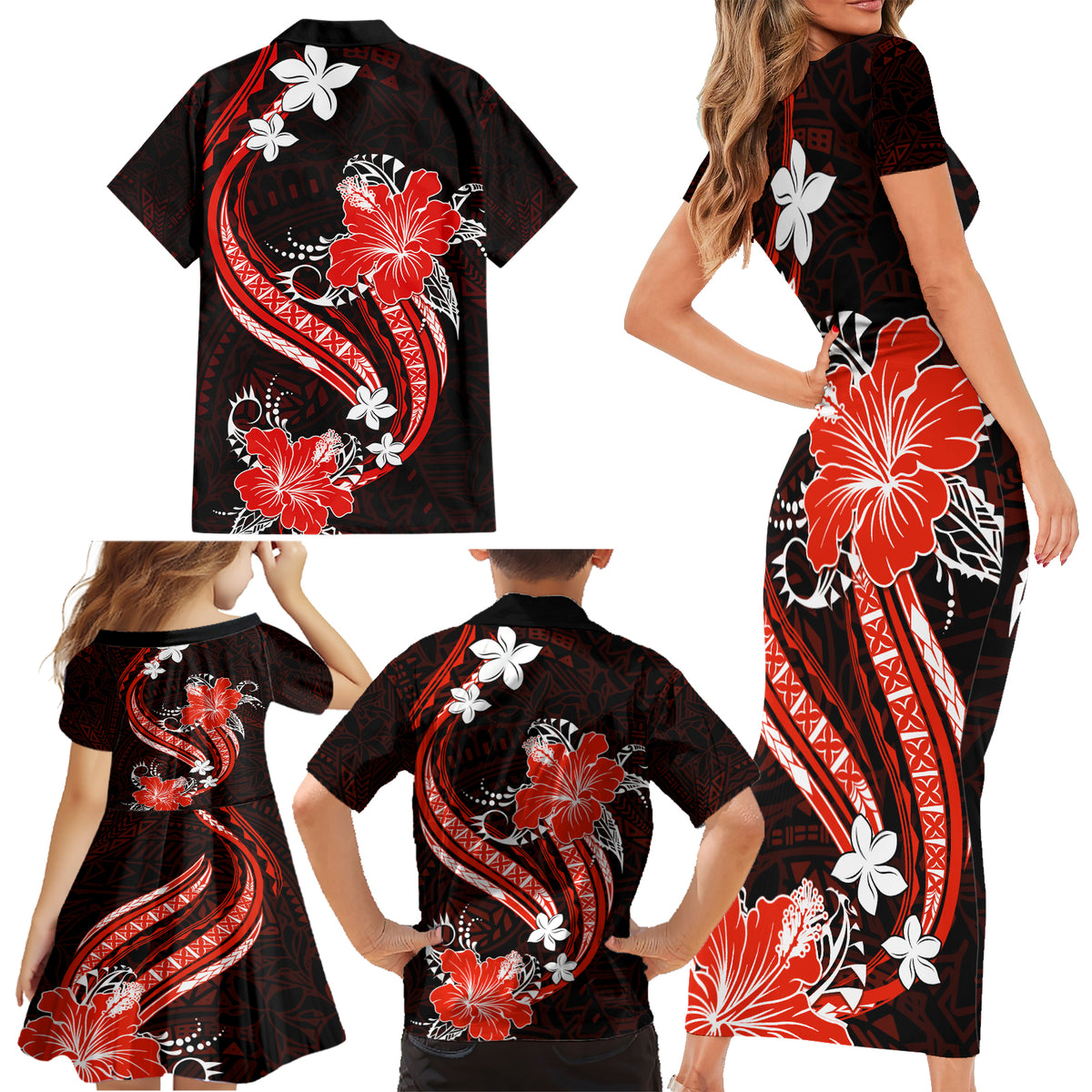 Red Polynesian Pattern With Tropical Flowers Family Matching Short Sleeve Bodycon Dress and Hawaiian Shirt LT05 - Polynesian Pride