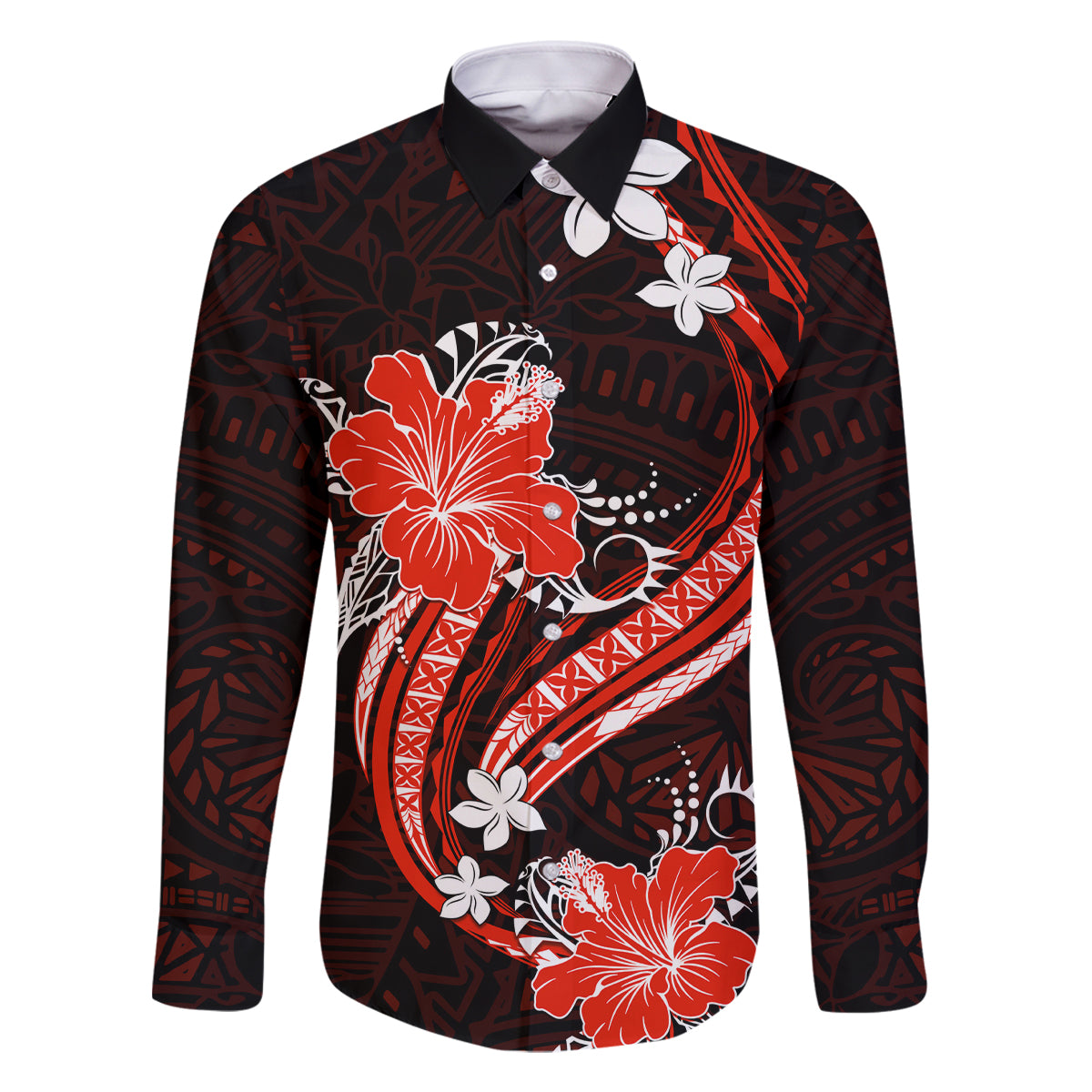 Red Polynesian Pattern With Tropical Flowers Family Matching Tank Maxi Dress and Hawaiian Shirt LT05 Dad's Shirt - Long Sleeve Red - Polynesian Pride