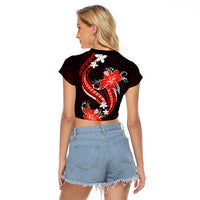 Red Polynesian Pattern With Tropical Flowers Raglan Cropped T Shirt LT05 - Polynesian Pride