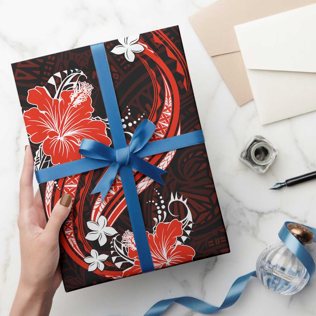 Red Polynesian Pattern With Tropical Flowers Wrapping Paper - Polynesian Pride