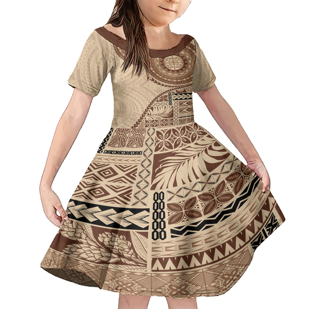 Samoa Siapo Pattern Simple Style Family Matching Short Sleeve Bodycon Dress and Hawaiian Shirt LT05 Daughter's Dress Brown - Polynesian Pride