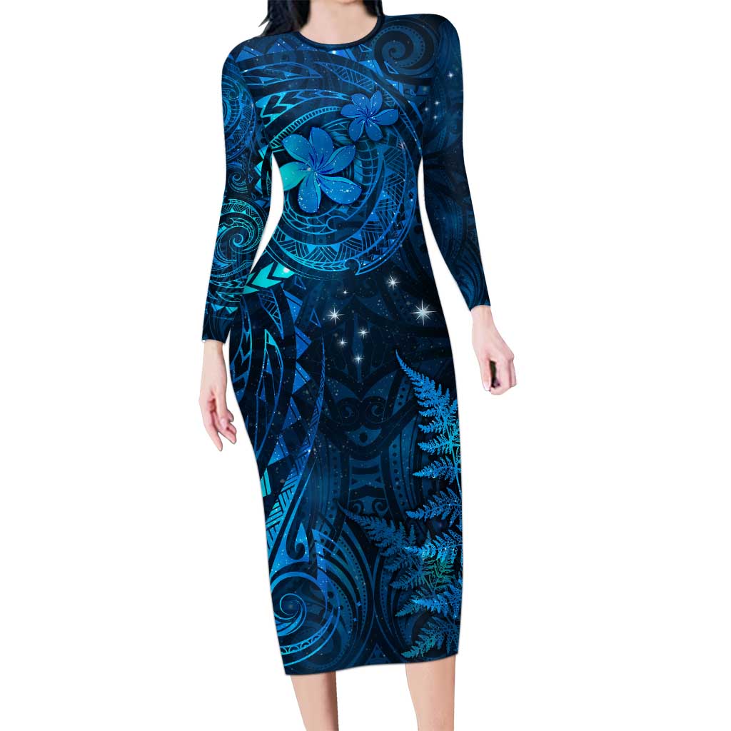 New Zealand Matariki Family Matching Long Sleeve Bodycon Dress and Hawaiian Shirt - Maori New Year LT05 Mom's Dress Blue - Polynesian Pride