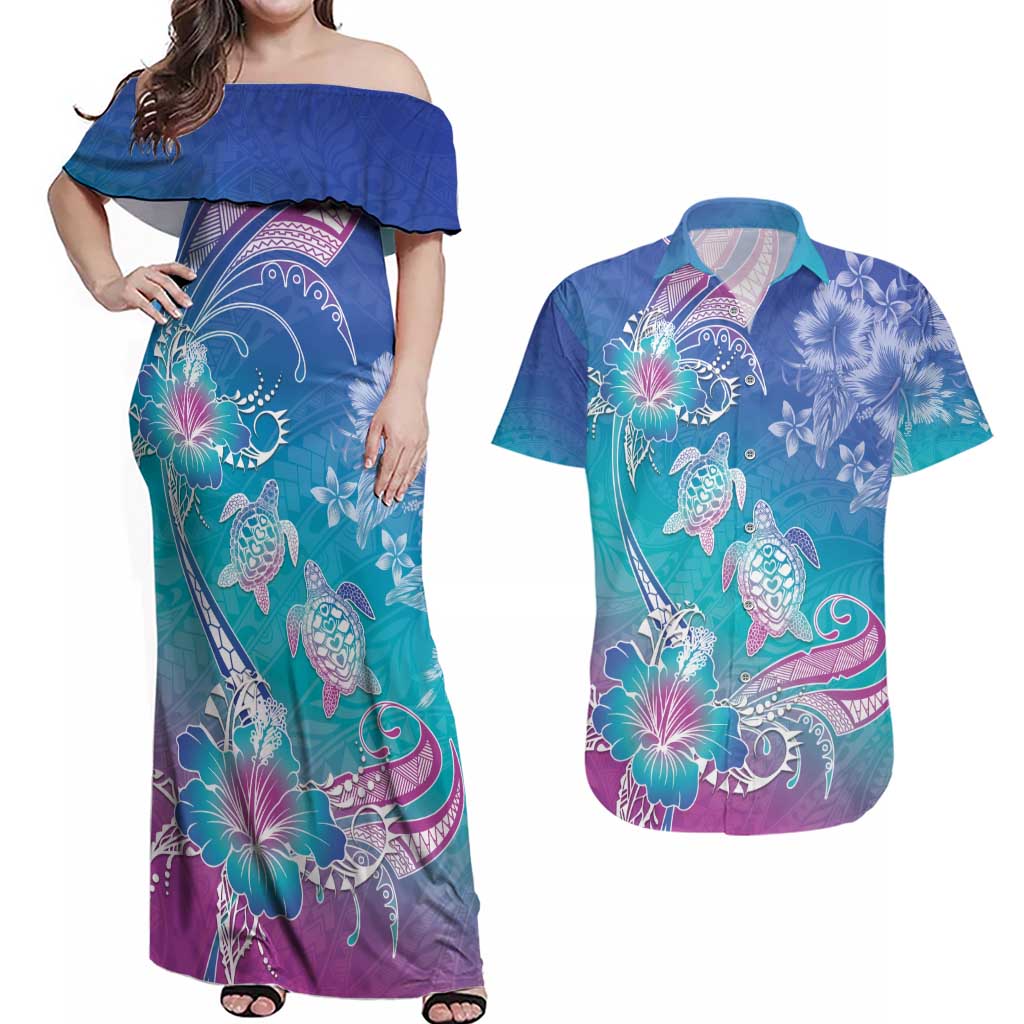 Polynesia Sea Turtle Couple Couples Matching Off Shoulder Maxi Dress and Hawaiian Shirt Love Is Life
