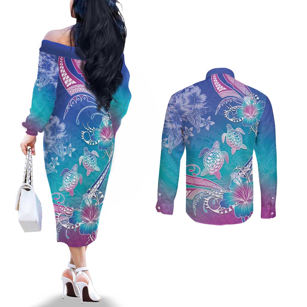 Polynesia Sea Turtle Couple Couples Matching Off The Shoulder Long Sleeve Dress and Long Sleeve Button Shirt Love Is Life