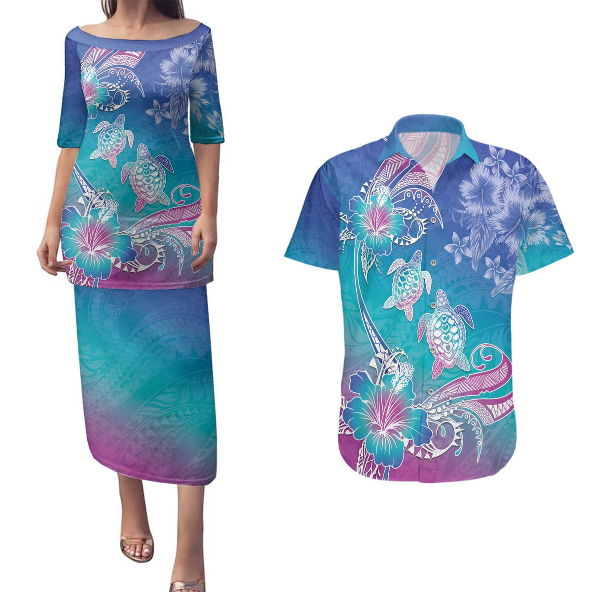 Polynesia Sea Turtle Couple Couples Matching Puletasi and Hawaiian Shirt Love Is Life
