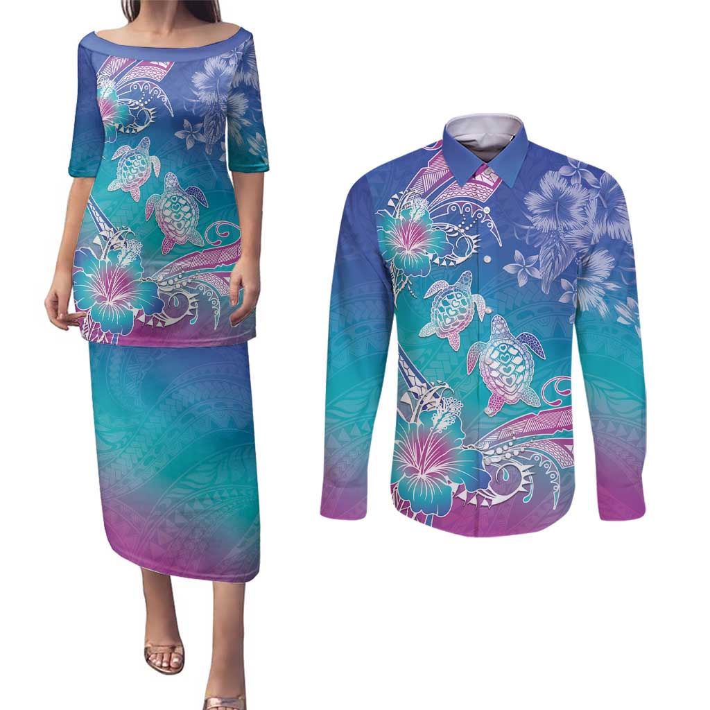 Polynesia Sea Turtle Couple Couples Matching Puletasi and Long Sleeve Button Shirt Love Is Life