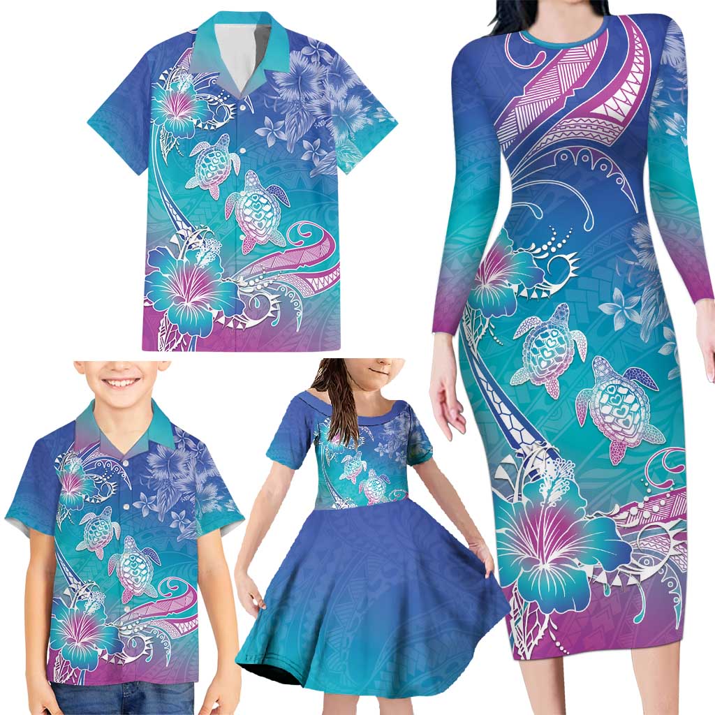 Polynesia Sea Turtle Couple Family Matching Long Sleeve Bodycon Dress and Hawaiian Shirt Love Is Life LT05 - Polynesian Pride