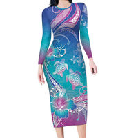 Polynesia Sea Turtle Couple Family Matching Long Sleeve Bodycon Dress and Hawaiian Shirt Love Is Life LT05 Mom's Dress Blue - Polynesian Pride