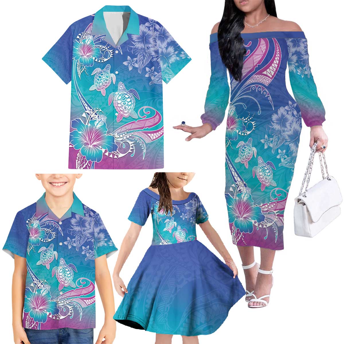 Polynesia Sea Turtle Couple Family Matching Off The Shoulder Long Sleeve Dress and Hawaiian Shirt Love Is Life LT05 Blue - Polynesian Pride