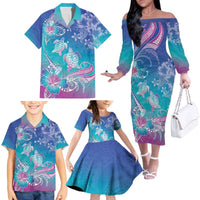 Polynesia Sea Turtle Couple Family Matching Off The Shoulder Long Sleeve Dress and Hawaiian Shirt Love Is Life LT05 Blue - Polynesian Pride