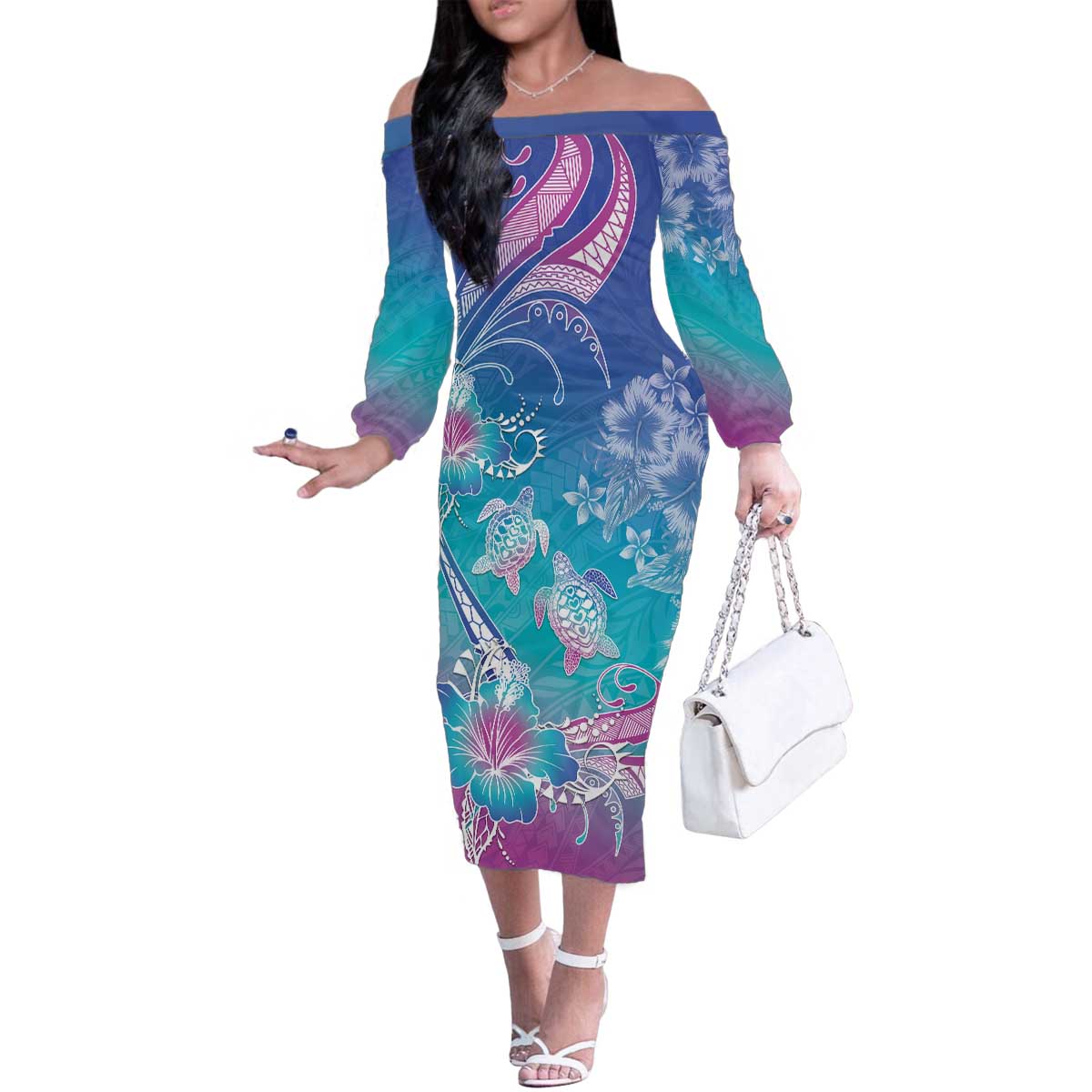 Polynesia Sea Turtle Couple Family Matching Off The Shoulder Long Sleeve Dress and Hawaiian Shirt Love Is Life LT05 - Polynesian Pride
